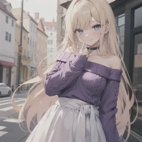  1 girl, solo,Blonde, Long Hair, Straight Hair,  Medium Chest ,(Purple Sweater:1.4),((( off-shoulder sweater that bends from the waist))),The perfect sweater,(White Skirt), long skirt, high waist skirt, choker,purple shoulder strap ,Droopy eyes,  blue eyes...