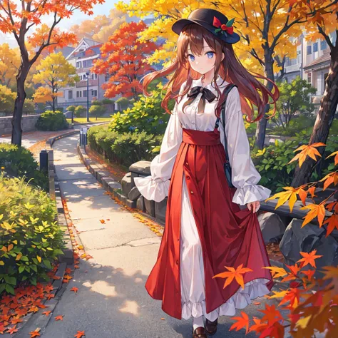 High image quality, 1 beautiful girl is taking a walk in a park where the leaves have turned red,Autumn Clothes, long skirt,hat,Hair and fallen leaves are being washed away by the wind 