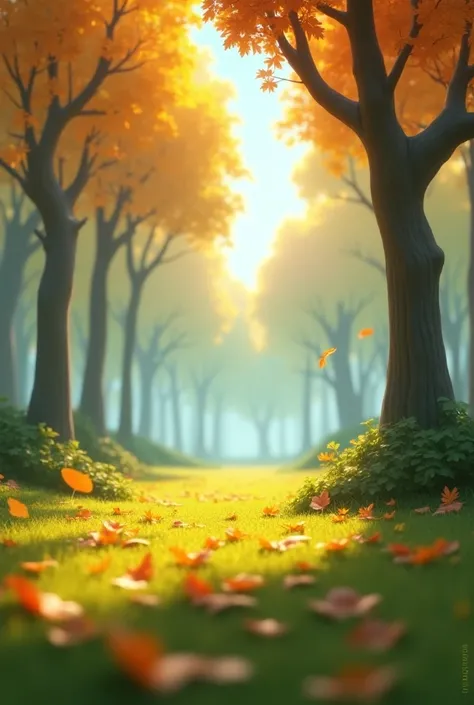 In cinematic 3d cartoon style "Trees bending in the wind, and fallen leaves scattered around."