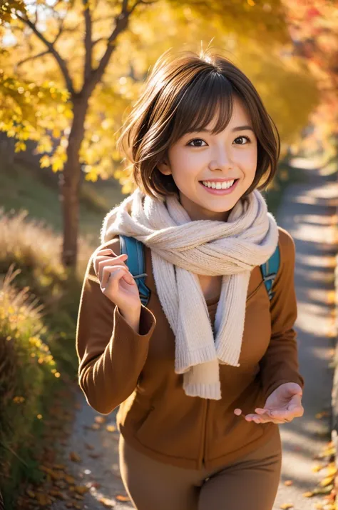 (8k, RAW photo, photorealistic, HQ, masterpiece), a cute Japanese woman, (glowing eyes), 
(happy laugh ), brown hair, Pixie Bob hair, (Autumn trekking wear), dynamic pose, (Autumn mountain path),  blurred background, depth of field, natural lighting, backl...