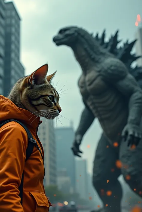 - **Close-up**: The orange gym fit cats sharp, determined eyes lock onto Godzilla in the distance.
- **Sound**: Thunder rumbles in the background. The cat’s growl echoes through the city, low and menacing.