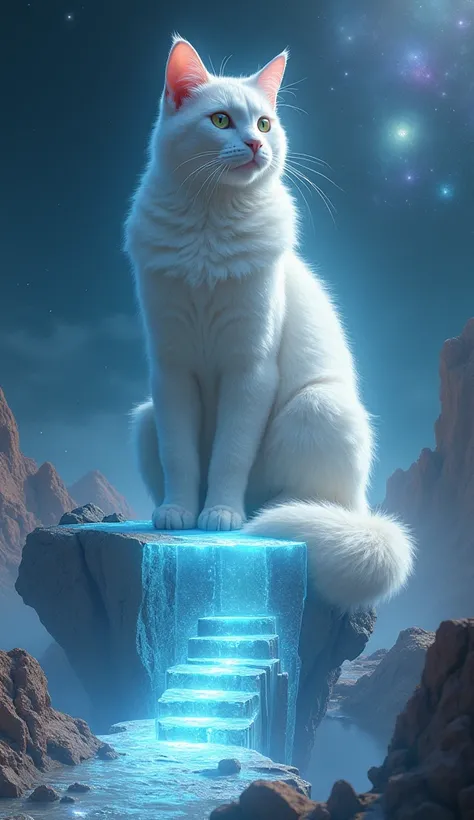 gigantic goddess cat on mysterious glowing transparent rock, infinity Stone Steps, deep depth, in space, shinning galaxy in around, in fantastic art style, realistic detailed, 4K, beautiful color,