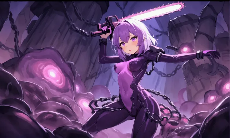 A cute woman (violet hair, violet eyes, sexy violet body suit extremely revealing, some electronic components on the suit with lit displays, laser pistol, chain sword (chain saw bladed sword makes a real bloody mess of foes)), role of space pirate captain,...