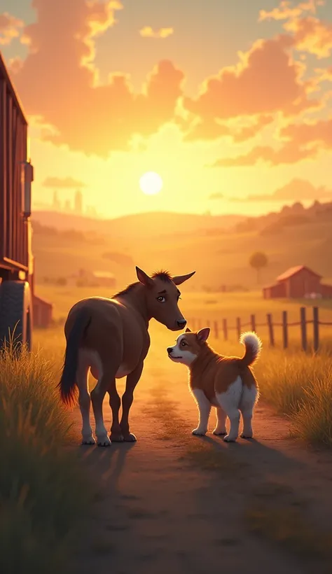 Prompt 2:
"Depict a scene of the dog, Rookie, watching sadly as a truck carrying his cow friend drives away. The background shows the farm fading into the distance, with a sunset casting an emotional, wistful light over the scene."

Prompt 3:
"Show a deter...