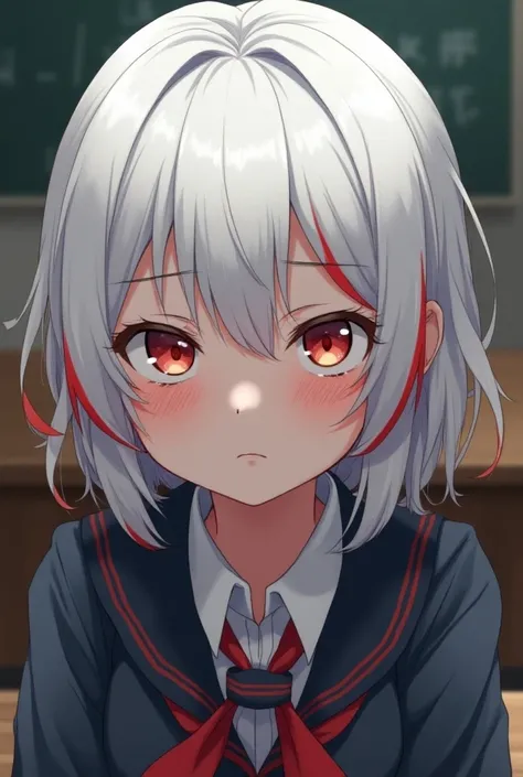 Anime young girl, girls school uniform, white hair with red. Inside the school, (3.0)angry face, closed mouth, class president. Anime style, sad atmosphere, HD quality.