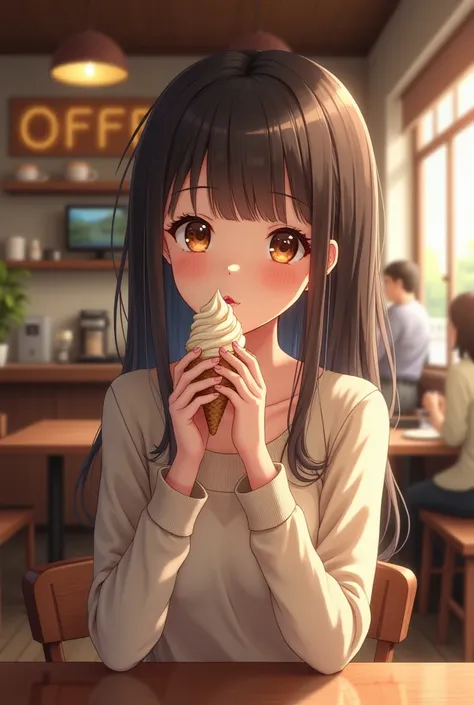 ((Best Quality, 8k, masterpiece :1.3)),(( coffee shop )), girl, Licking Soft Ice Cream