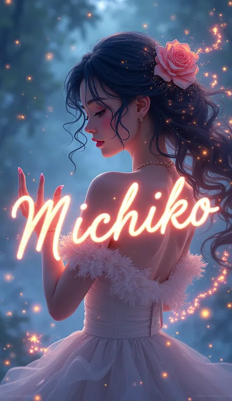 Write the character MICHIKO in cursive in a fantastic and sparkling way