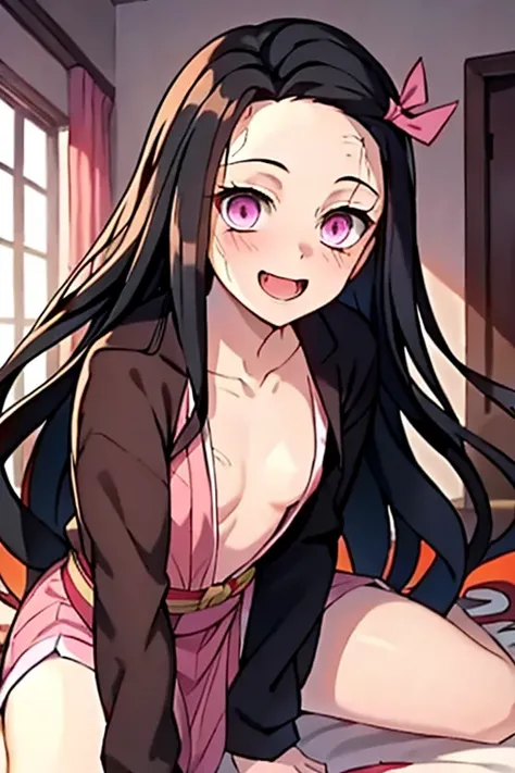 ((Best Quality)), ((masterpiece)), (be familiar with),  perfect face, indoor, bedroom,  watching viewers,
One woman, Kamado Nezuko,
 characters with open mouth ,  ecstatic expression, blush, smile,
Small breasts,  flat chest, Young girl, Lori,  kids,  girl...