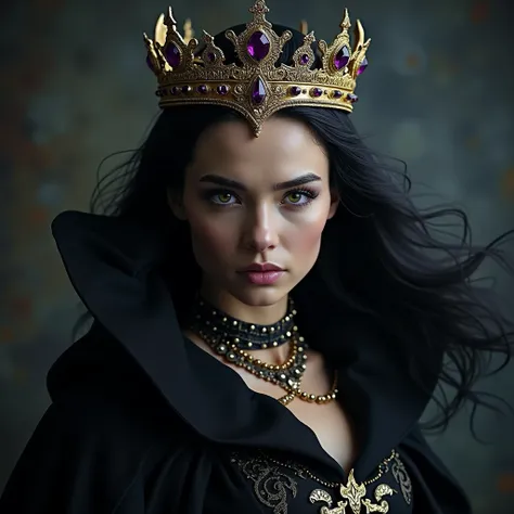 Russian princess, shes , shes long black hair, Light green eyes, wearing gold crown mineral amethyst, Fierce look, Death eater harry potter, realistic, 4k