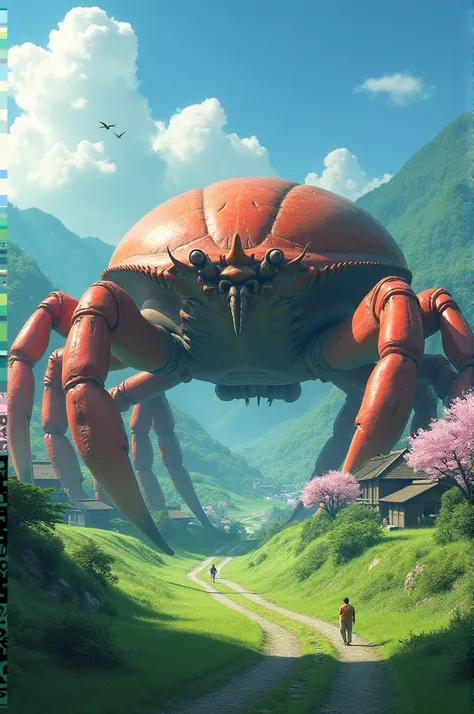 A video of something vague like a giant crab walking through the Japanese countryside