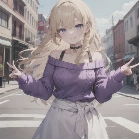  1 girl, solo,Blonde, Long Hair, Straight Hair,  Medium Chest ,(Purple Sweater:1.4),((( off-shoulder sweater that bends from the waist))),The perfect sweater,(White Skirt), long skirt, high waist skirt, choker,(((purple shoulder strap ))),Droopy eyes,  blu...