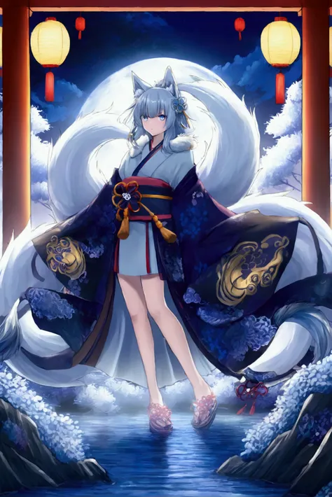 torii　Shrine maiden　Nine-Tailed Fox　fox Light blue hair 　beast girl　indigo fur　fox beast girl　fox Light blue hair 　beast girl　indigo fur　fox beast girl　Wallpaper 4k,8k,highly detailled,,vivid colors,detailed kitsune with 9 tails,traditional Japanese artwor...