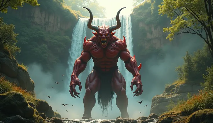 "A terrifying demon with a completely red body, featuring horns on its head. The demon is roaring in anger, looking upwards at the sky. The expression of anger is visible on its face and hands. It stands in front of a waterfall in a dense, beautiful forest...