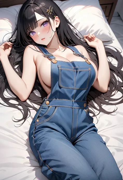 ((masterpiece,Best Quality,8k, super high definition)), 1 housewife 、　First Person Subjective、　(((Cool look))) 、　On the body 、((　On the back))
、          long lashes　　 、　  Black Hair 　　、Long Hair　　、　((parted bangs))　、hairpin　、　Light purple eyes　、　 slim bod...