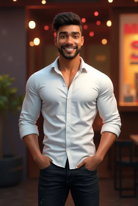 3D image of a young man age 25 muscular tall brown skin ton wearing white shirt black full jeans .. standing infront of club ...little smiling...