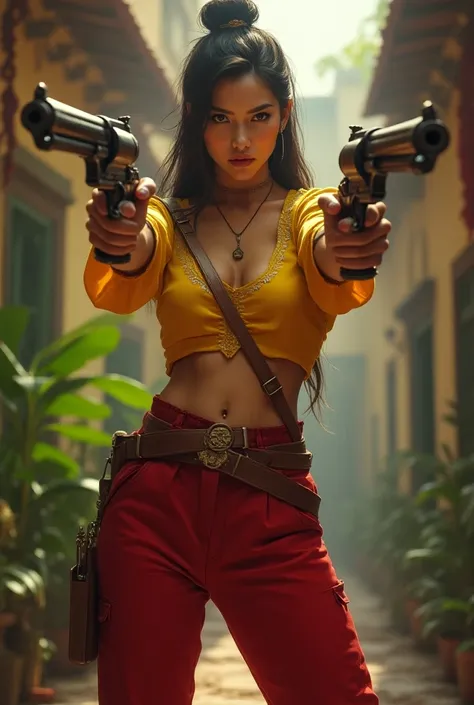 a woman in red pants and a yellow top, cowboy woman holding 2 colts, ready to draw, extremely detailed artgerm, Disney villain, Spanish princess, heroic guerrilla, young Asian woman, presented on CG company, inspired by Pan Tianshou, portrait of ana de arm...