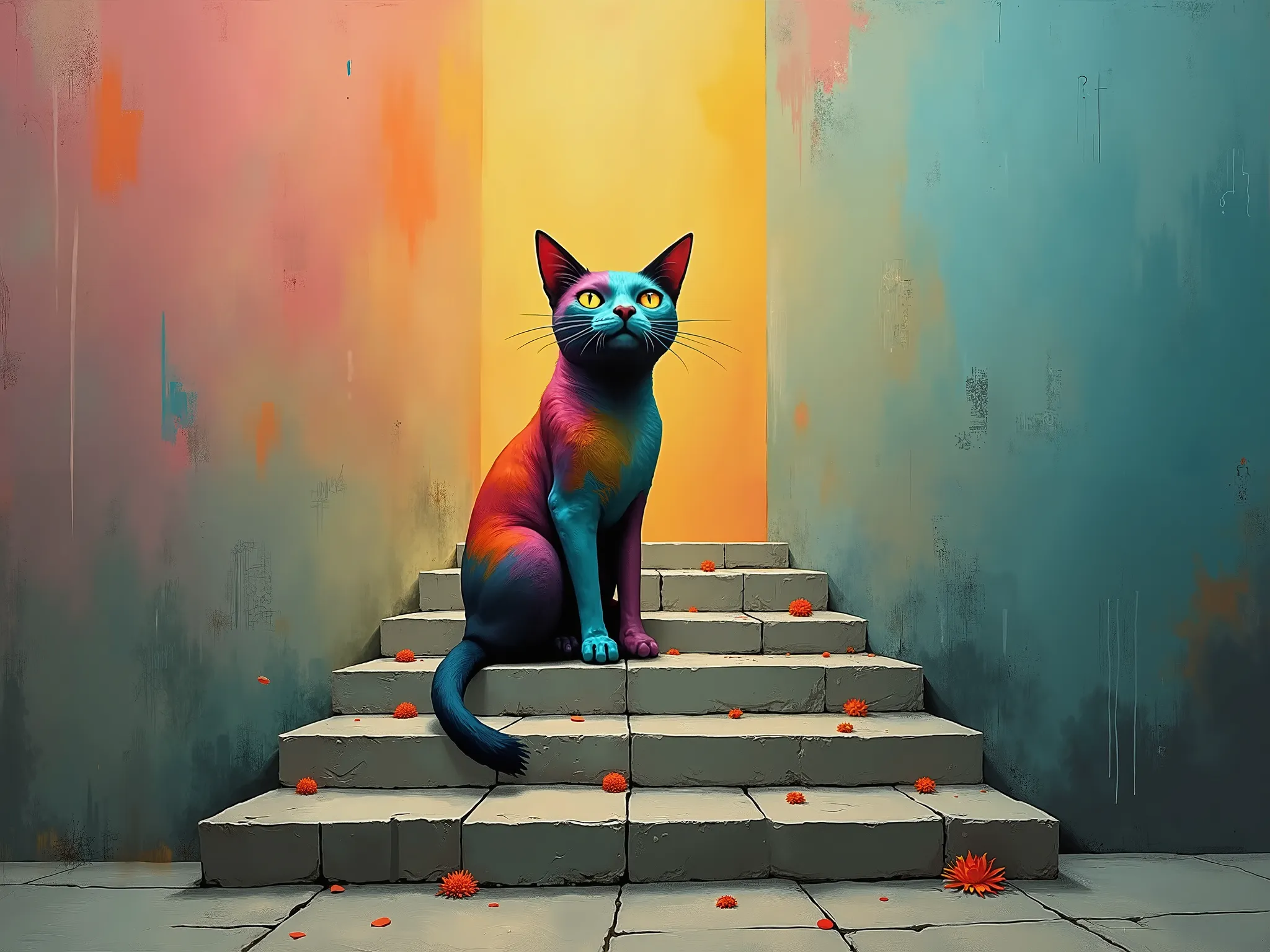 Stupid careless ren's creativity, ((Primitive multicolored Magic Cat on stone steps)) against a dirty gradient background, minimalism:1.3, the combination of ren's applications and oil painting, (modern art):1.4, surrealism:1.3, complete absurdity:1.5