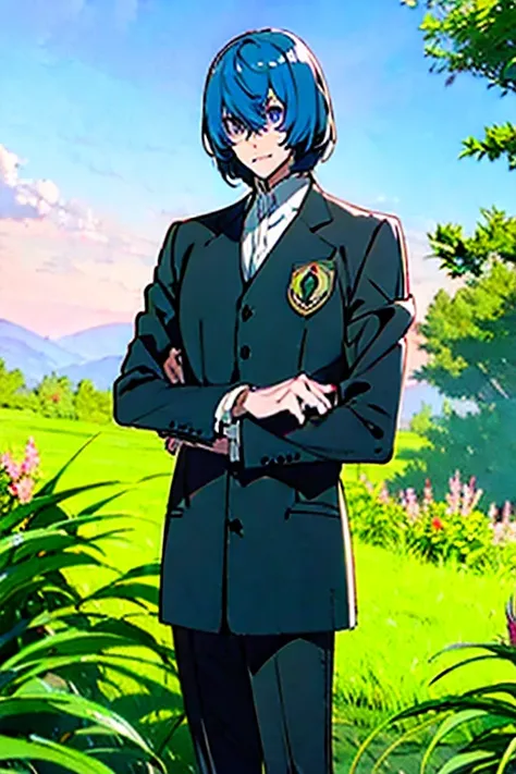 juvenile,  blue hair , Bob Haircut,  blue eyes, Im wearing a black school uniform, Black school run, アニメjuvenile,  embarrassed face , Cute anime pose,goro akechi face, ,  tall anime man with purple eyes, in the garden, Blue Sky, 4K,  anime style digital ar...