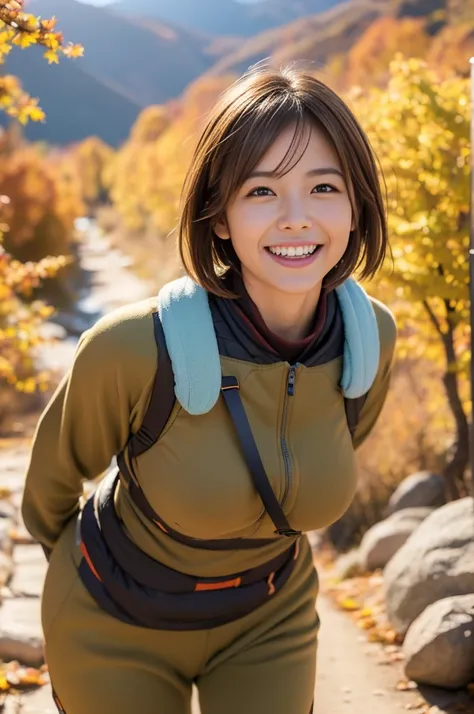 (8k, RAW photo, photorealistic, HQ, masterpiece), a cute Japanese woman, (glowing eyes), 
(happy laugh ), brown hair, Pixie Bob hair, (Autumn trekking wear), dynamic pose, (High mountain path in autumn),  blurred background, depth of field, natural lightin...