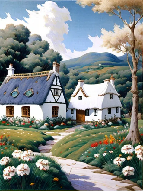 traditional house painting in medieval england 、fairy tale、vivid picture、bright white house 、 the contrast between the brown and...