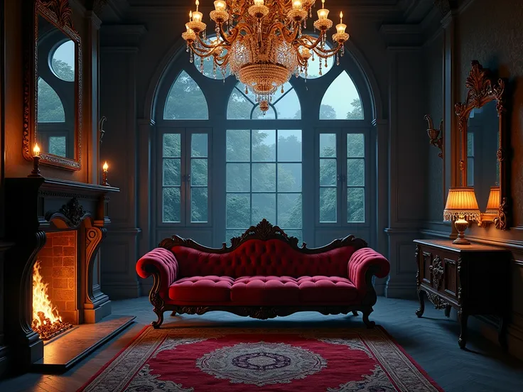  Create interior vampire mansion scene, with luxurious sofa in front . 4K quality,  masterpiece , 