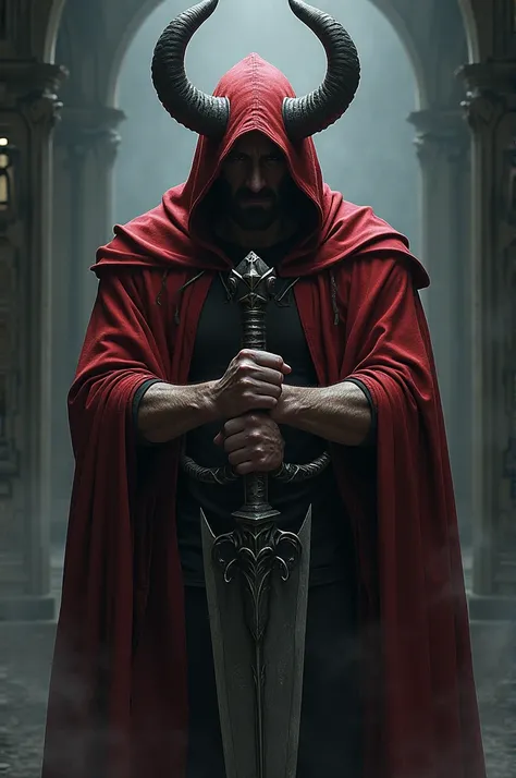 Horned man in a red hoodie holding a giant scythe