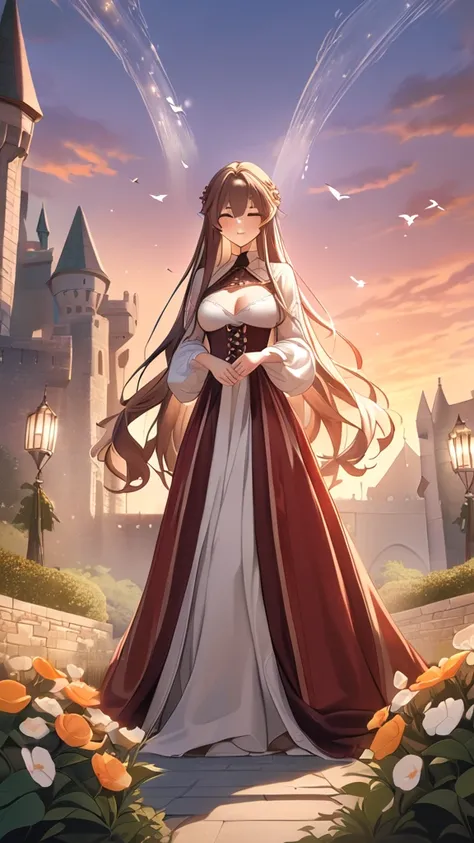 1 girl, ( cute face), ( long hair:1.2),  Medieval Dress , Lace sleeves,  big chest,  Graceful Posture, break, Castle garden , ( soft sunset :1.1), Epic Stone Walls ,  Breathing of History , break, Beautiful flowers々, Sparkling Fountains ,  Bird Chirping , ...