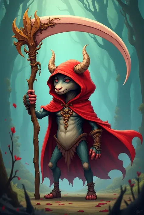 cartoon illustration of a horned man wearing a red hoodie holding a huge scythe