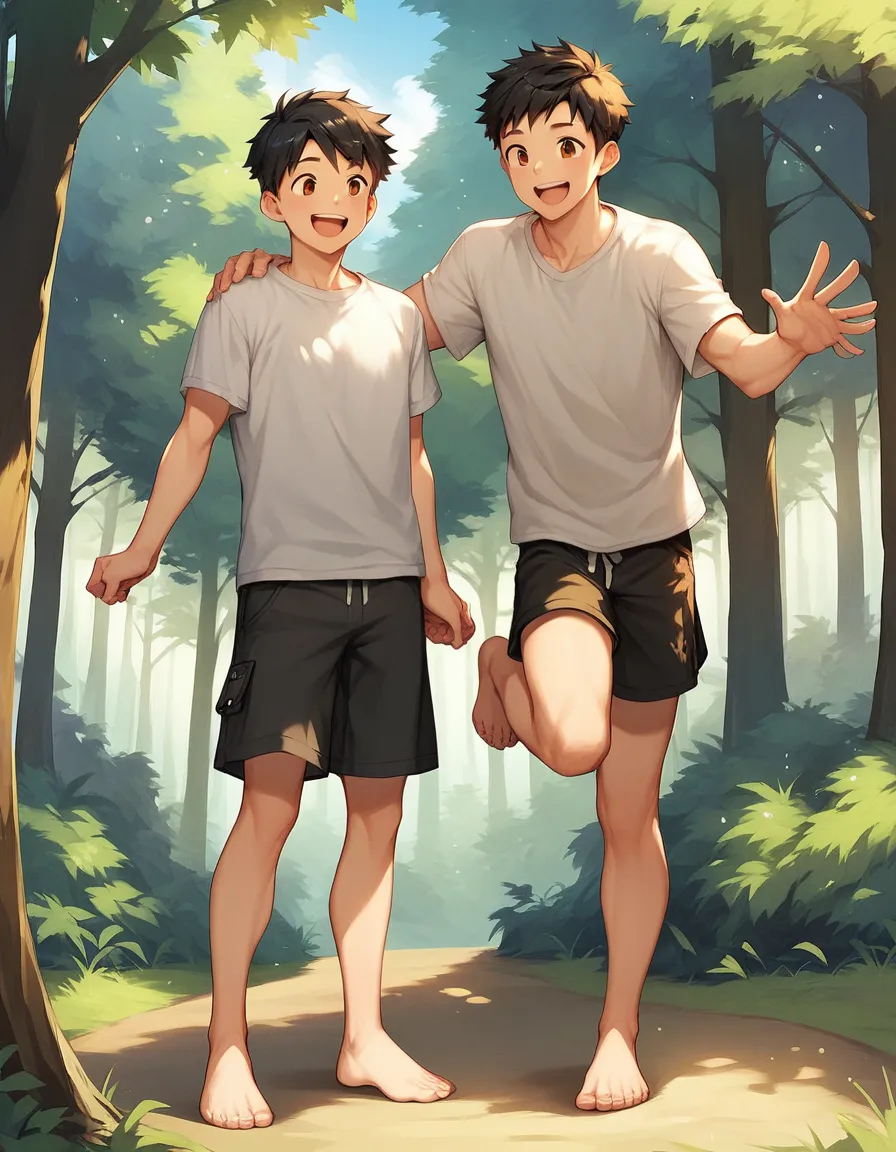 1boy, person, black hair, short hair, brown eyes, white t-shirt, black shorts, barefoot, happy, one, forest,