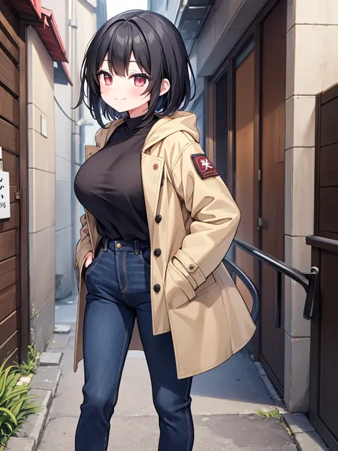  1 girl, solo,  shortcuts, Black Hair,  big breasts at the temple, Khaki Coat ,前を開いた, black inner, denim pants with open front, put hands in pockets , lean forward,smile, front,Dim Alley