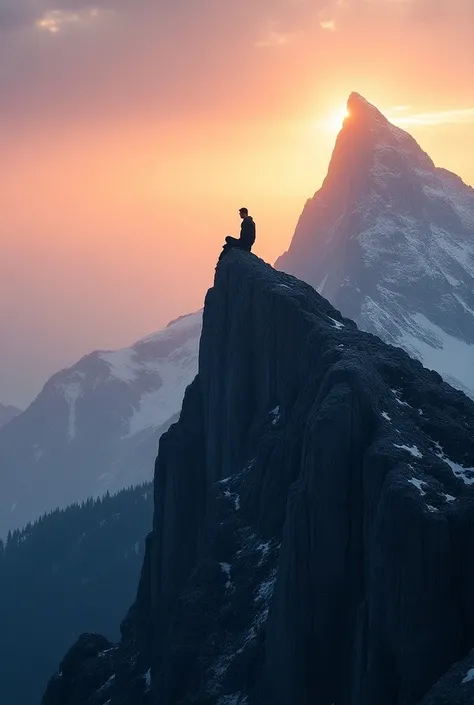 Create image of closeup mountain reach at sunset with some trees in background I want to see one person sitting at top of Mountain and camera is near him from bottom angle