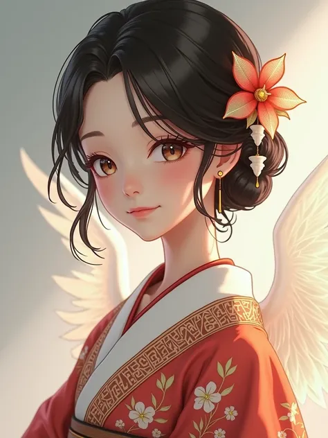 She has angel wings。A beautiful angel wearing a Japanese kimono