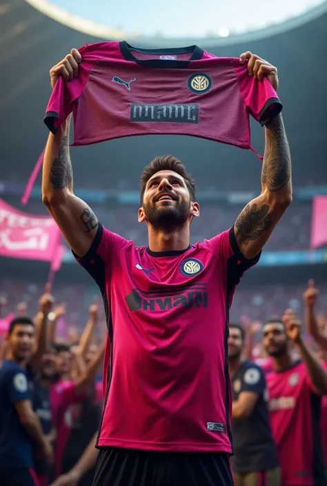 Lionel Messi raising his inter miami pink jersey (with black touches, inter Miami logo) to al nassr fans