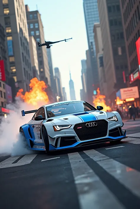 White and Sky Blue 2009 Audi S4, wide body, time square, war zone, drifting, smoke, explosion, tanks