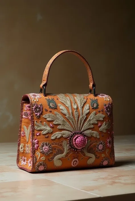 I want to create a handbag made out of the fabric jamakkalam. It should look like the bag was made in collaboration with sabyasachi