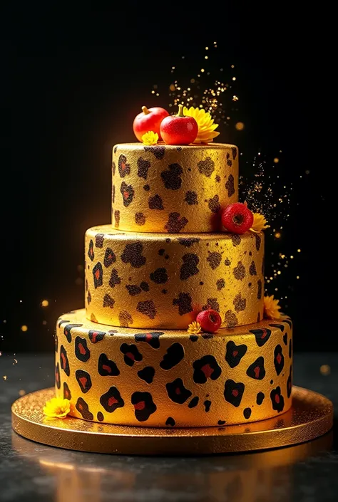 Cake with leapord pattern. The color must gold blink, yellow, red, background black
