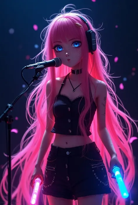 Super Long,  shiny pink hair 、 looks like a river with the color of the sunset 、 flows down one girls back ,  changes and sparkles like cherry blossom petals . Her blue eyes are、Shake,  accurately renders every tuft 、 she sings with conviction ,  headset m...