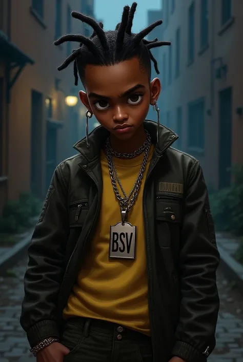 Make young black man gangster cartoon character with short dreads and with fyejp in it and with BSV on a chain and gun in hand music album cover a little more realistic 