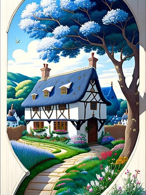 traditional house painting in medieval england 、fairy tale、vivid picture、bright white house 、 the contrast between the brown and...