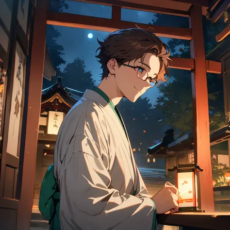    Ultra High Definition,masterpiece, Awards, Best Quality ,1 person,handsome boy ,  Im looking at this,Brown Hair,18 years old,Glasses,Introvert, moonlight,Shrine at night,  Japanese Fantasy,  short hair,   short perm, kimono,happiness/joy, Mysterious, ge...