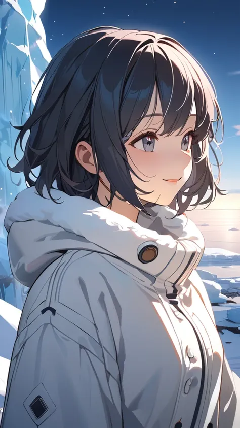 1 girl, ( cute face), ( Medium Hair:1.2),  Fantasy Anime Costumes,  Cold Weather Coat ,  Thick Sweaters ,  small breasts, smile, break,  Antarctic Expedition Base , (Fantastic Light:1.2), Pale Ice , Gentle breeze, break,  Scientists Activities , Beautiful ...