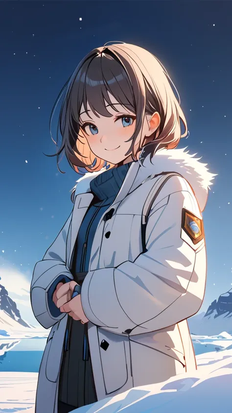 1 girl, ( cute face), ( Medium Hair:1.2),  Fantasy Anime Costumes,  Cold Weather Coat ,  Thick Sweaters ,  small breasts, smile, break,  Antarctic Expedition Base , (Fantastic Light:1.2), Pale Ice , Gentle breeze, break,  Scientists Activities , Beautiful ...