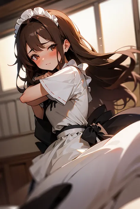 One girl, long, Brown Hair,  Blushing ,  maid clothes