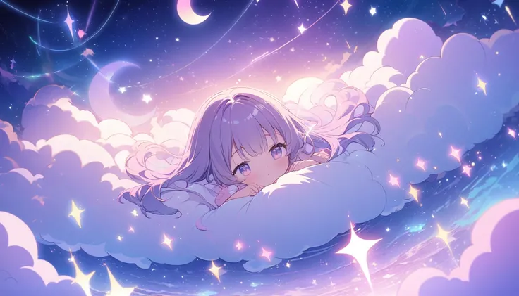 A highly detailed anime-style illustration of a dreamy, pink-toned fantasy world at night. A young girl in pastel pajamas lies on soft, cotton candy-like clouds, her eyes half-closed as she drifts into sleep. Around her, glowing stars, crescent moons, and ...