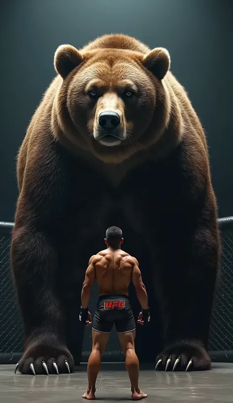 "A high-stakes scene of a UFC fighter facing off against a massive grizzly bear in a dimly lit arena. The fighter, a muscular man in UFC-branded shorts, stands ready, fists clenched, his gaze locked on the bear. The grizzly, a towering creature with a thic...