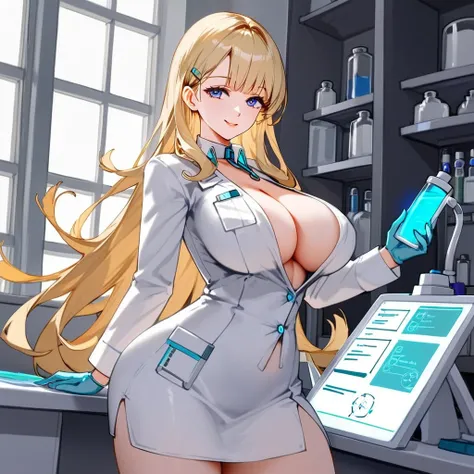 Gorgeous blonde scientist girl with big breasts and gorgeous hips in modest white 
scientists clothes 