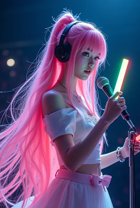 Super Long,  shiny pink hair 、 looks like a river with the color of the sunset 、 flows down one girls back ,  changes and sparkles like cherry blossom petals . Her blue eyes are、Shake,  accurately renders every tuft 、 she sings with conviction ,  headset m...