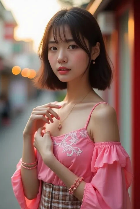   by IVE:1.6,  Korean girl in a pink top with white patterns and a brown and pink checkered skirt falling on her shoulders  ,  masterpiece ,  Best high resolution photo ,  ,  Sunset sunlight on the left ,  Soft shadows on the right ,  Wearing bracelets on ...