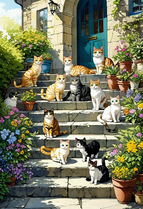 Cats on stone steps, soft sunlight shining on stone steps, cats gathered together, potted flowers and plants arranged on both sides of stone steps, various breeds of cats, cats of different sizes, (accurately drawn cats in detail: 1.2),

Drawing with soft ...