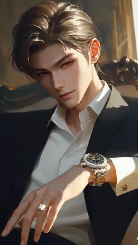 a close up of a person wearing a watch and a suit, inspired by Yanjun Cheng, delicate androgynous prince, beautiful androgynous prince, inspired by Zhang Han, handsome anime pose, handsome guy in demon slayer art, by Yang J, cai xukun, yanjun chengt, artwo...